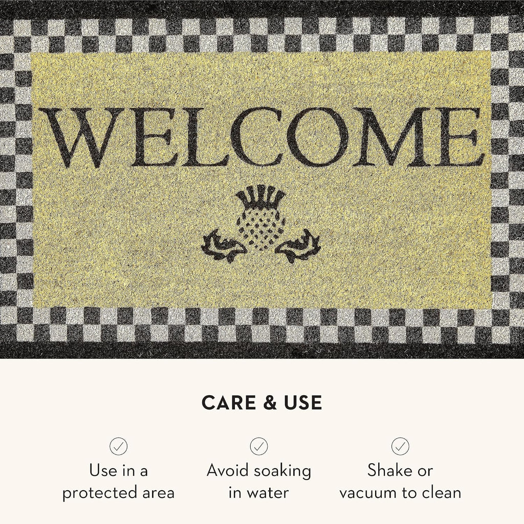 MACKENZIE-CHILDS Entrance Mat, Decorative Outdoor Front Door Mat, Coir Door Mat, Welcome, 24' x 36', Black Check with Scalloped Edge