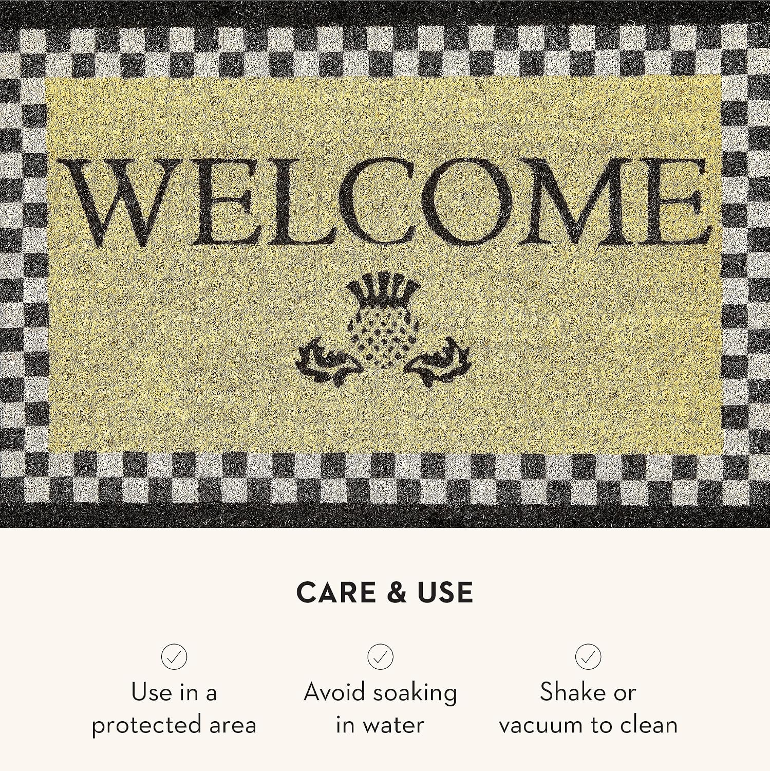 MACKENZIE-CHILDS Entrance Mat, Decorative Outdoor Front Door Mat, Coir Door Mat, Welcome, 24' x 36', Black Check with Scalloped Edge