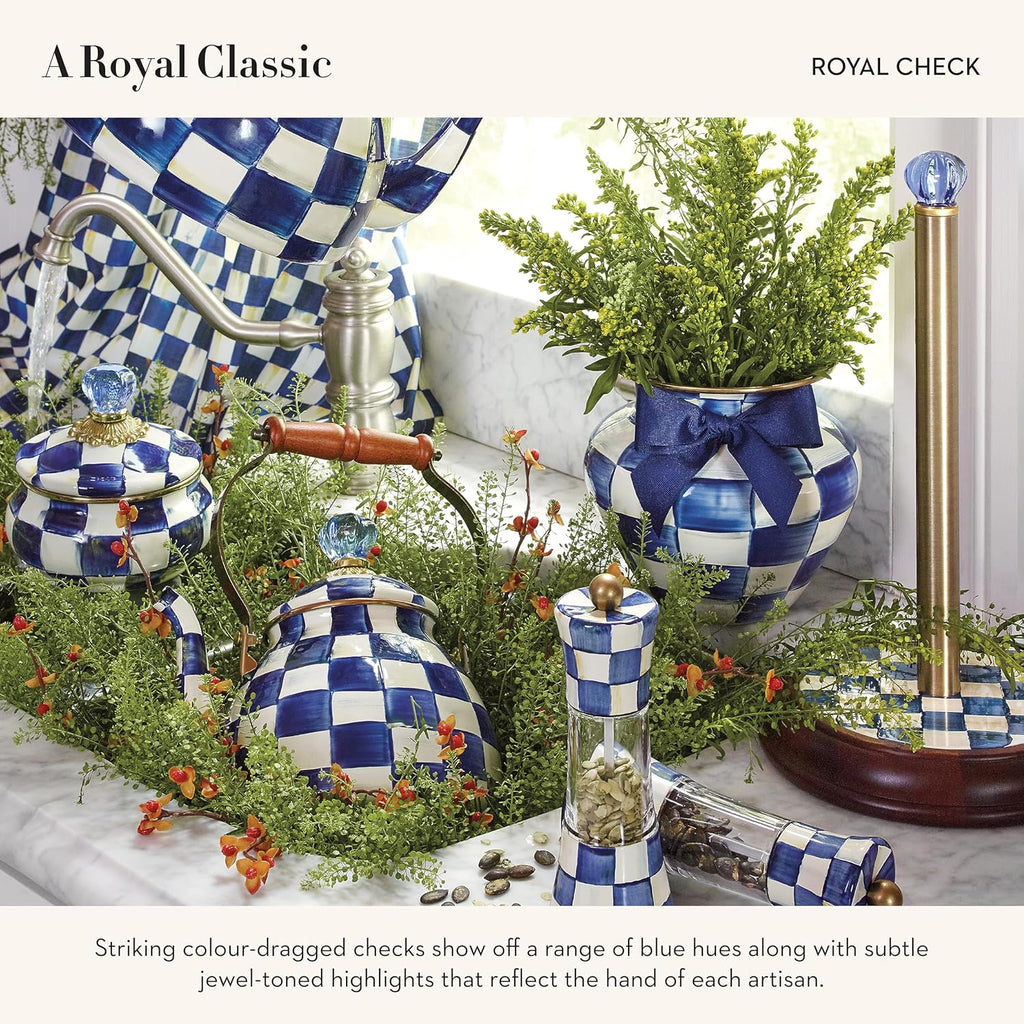 MACKENZIE-CHILDS Wood Paper Towel Holder, Decorative Paper Towel Holder for Kitchen, Blue-and-White Royal Check