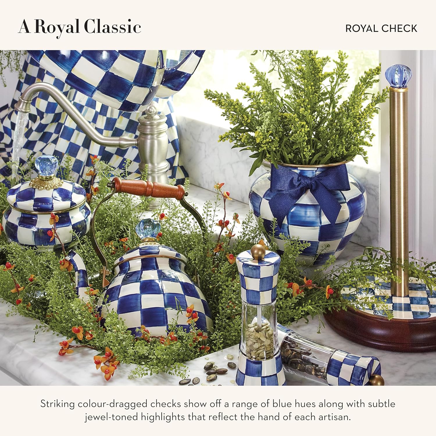 MACKENZIE-CHILDS Wood Paper Towel Holder, Decorative Paper Towel Holder for Kitchen, Blue-and-White Royal Check
